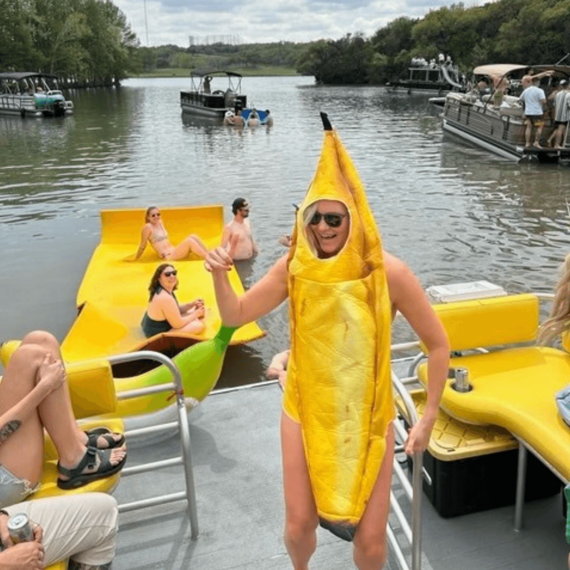 Fun banana costume moment on Lake Austin boat party