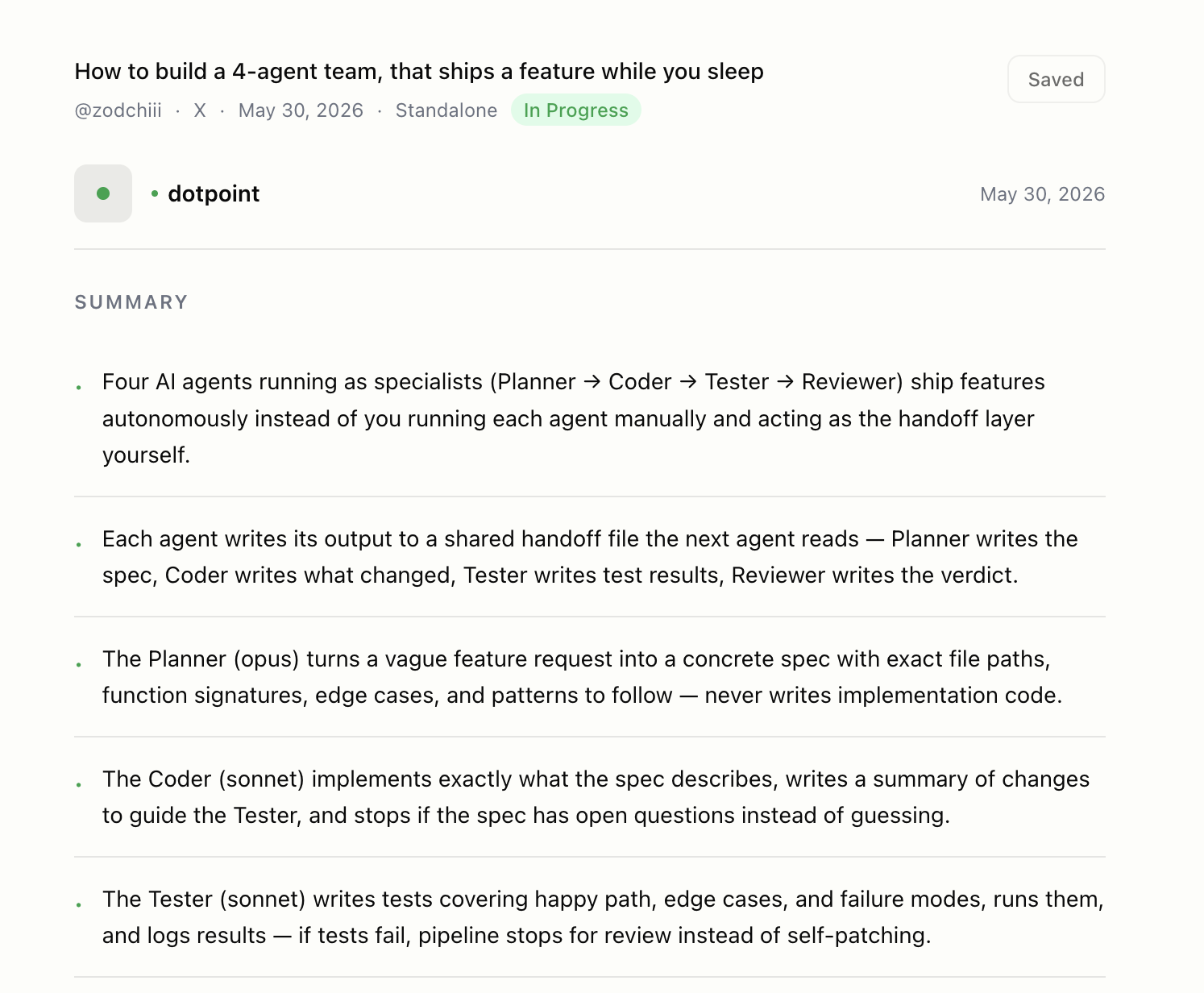 Dotpoint summary view showing AI-generated insights from a thread