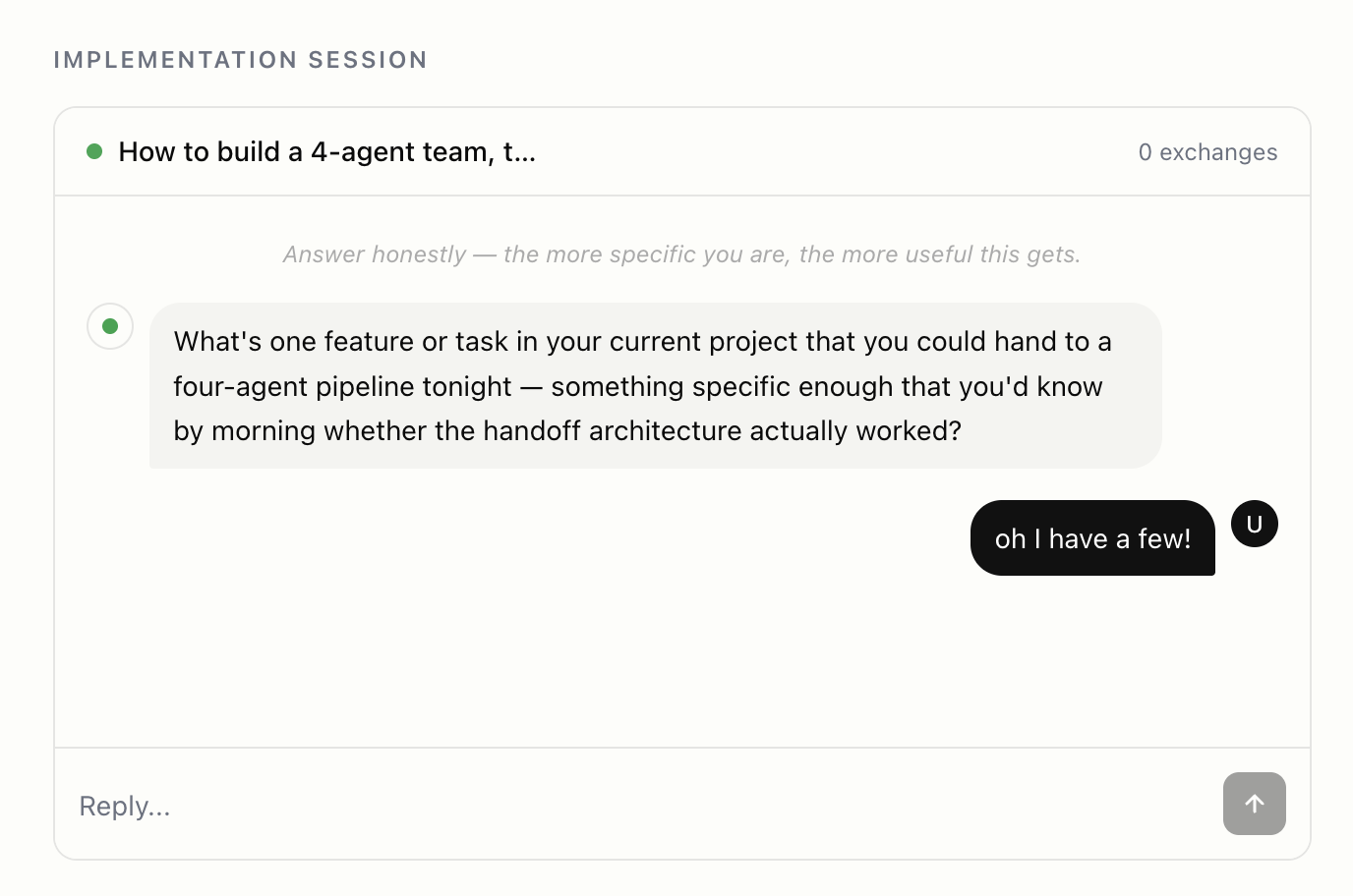 Dotpoint implementation session showing AI-guided conversation