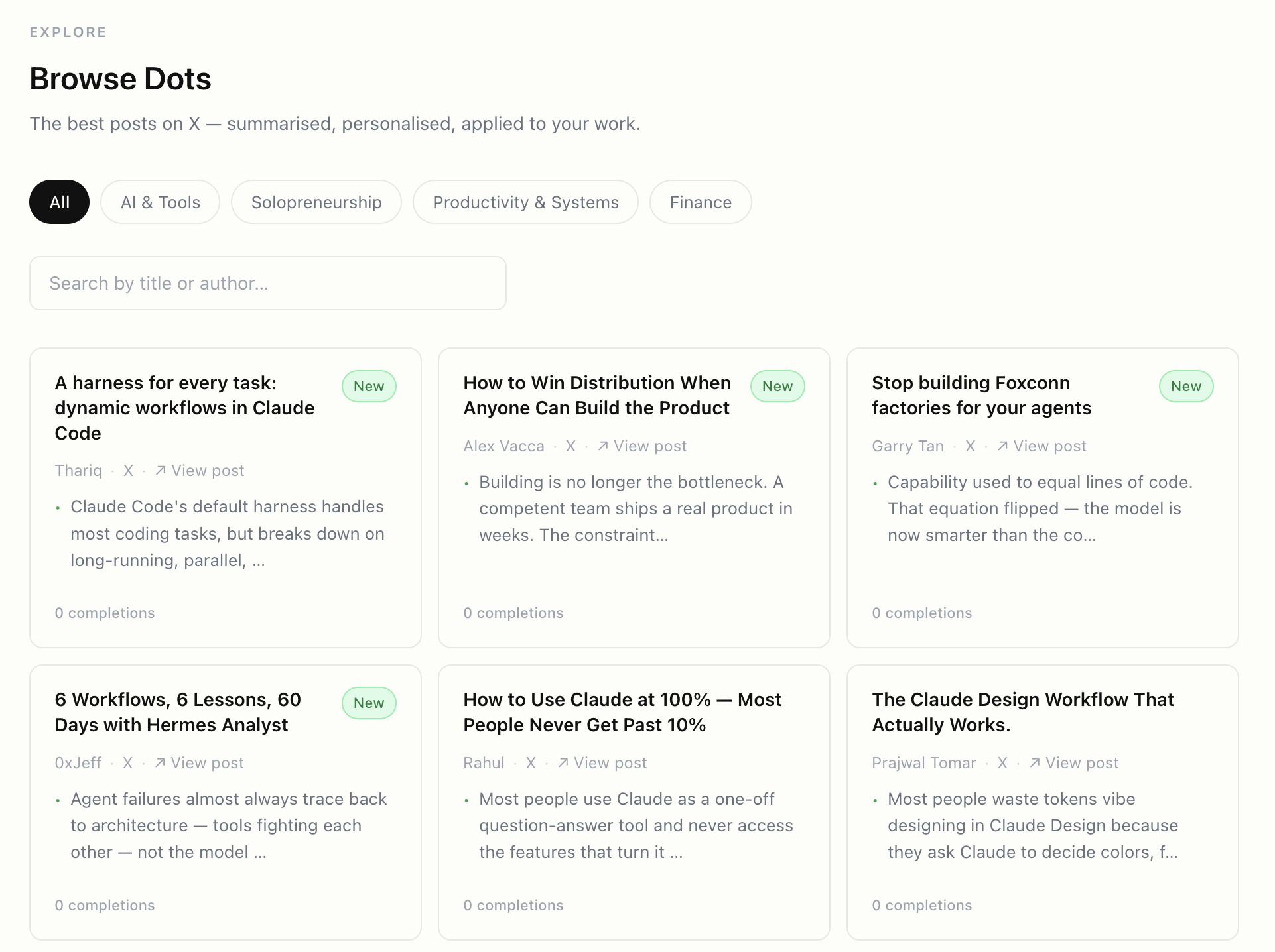 Browse Dots explore page showing curated content library