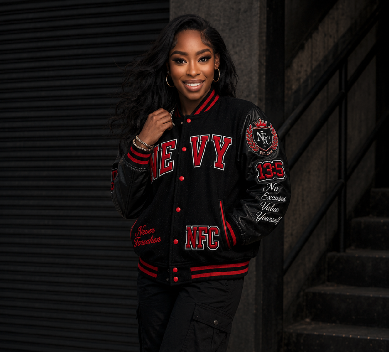 Ebony Gould in the NFC varsity jacket — Never Forsaken Collection