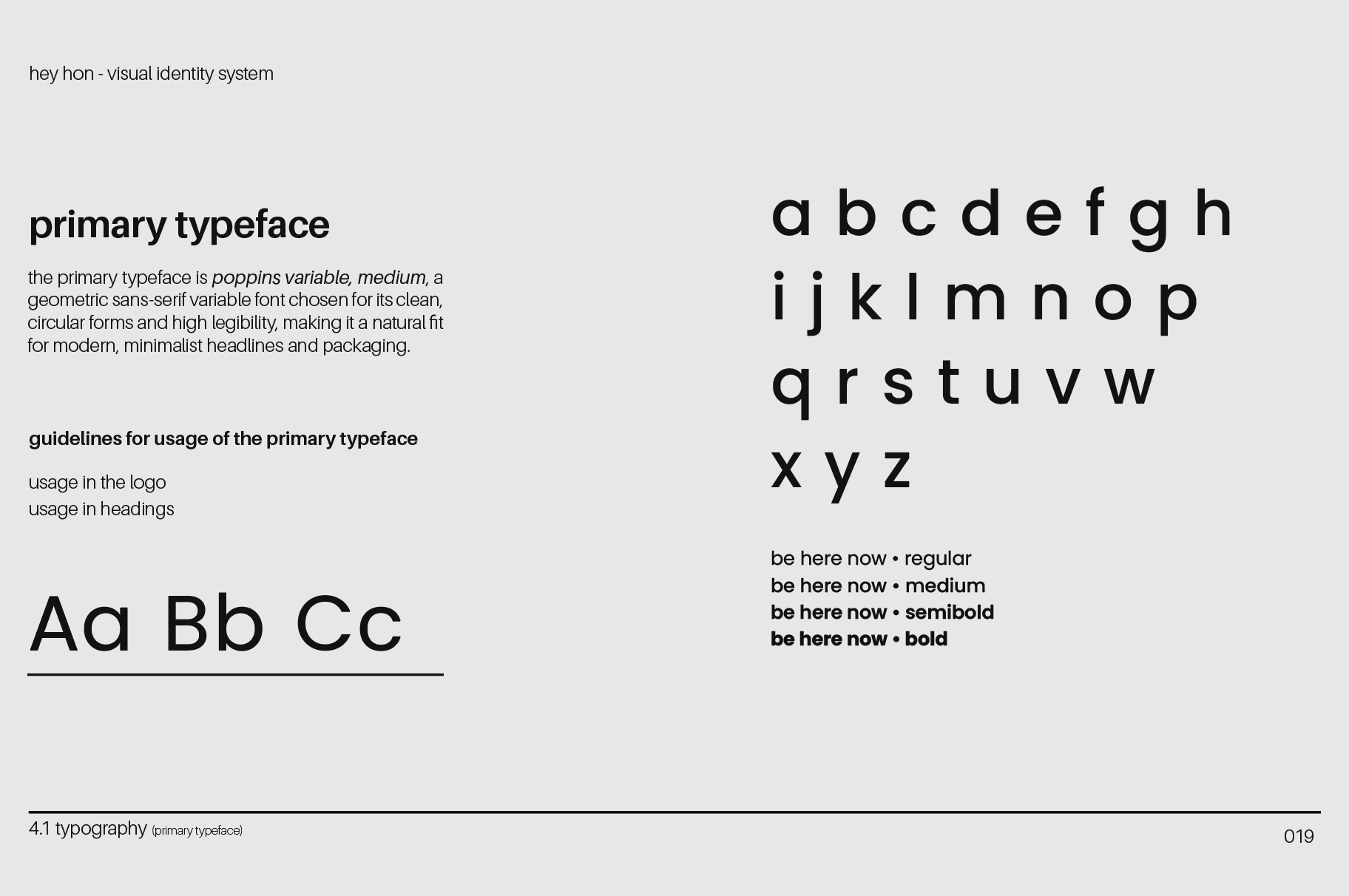 hey hôn typography guide for Poppins variable font with character set and weights