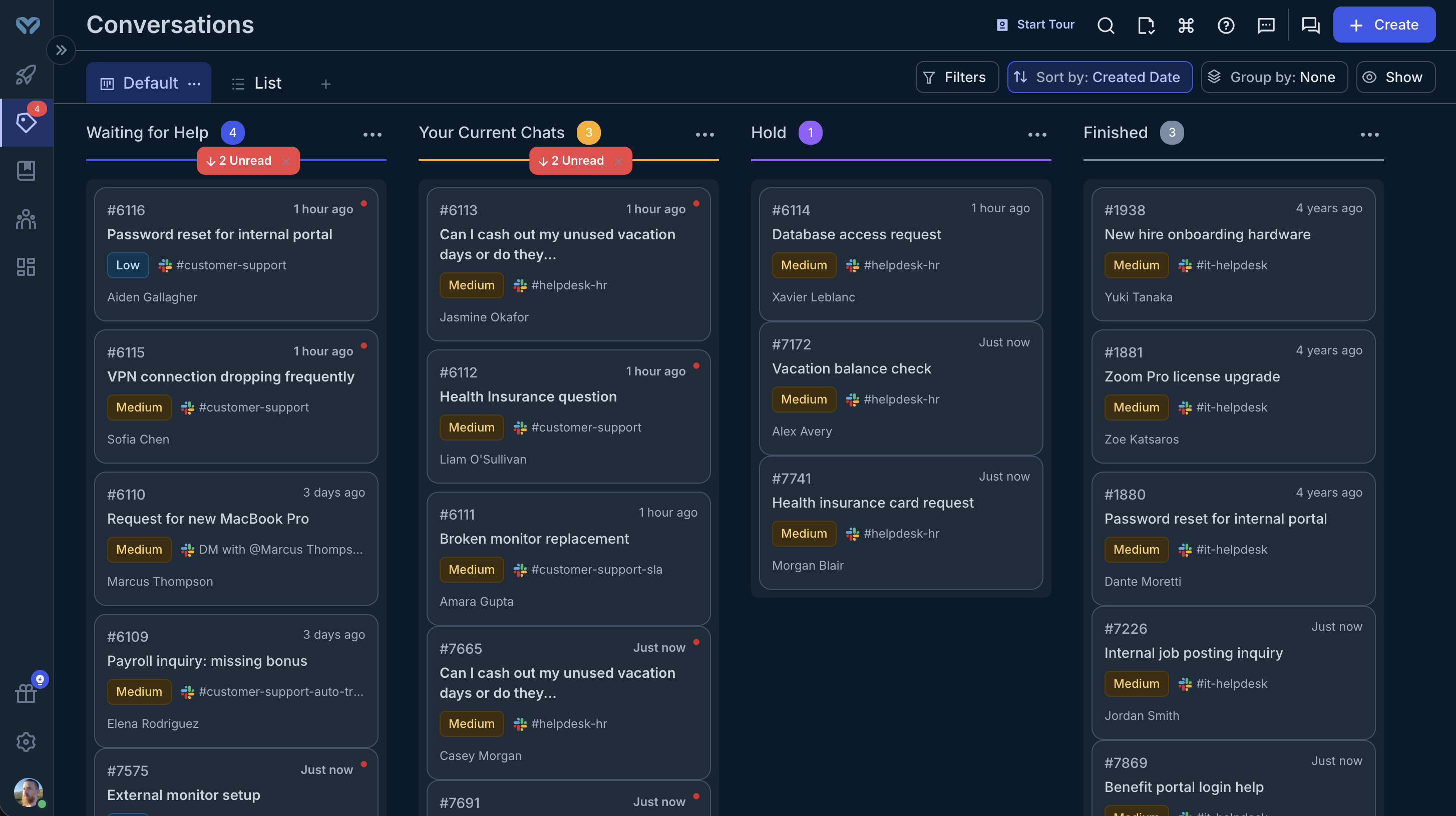 Foqal Conversations Kanban board view showing requests organized in Waiting for Help, Your Current Chats, Hold, and Finished columns