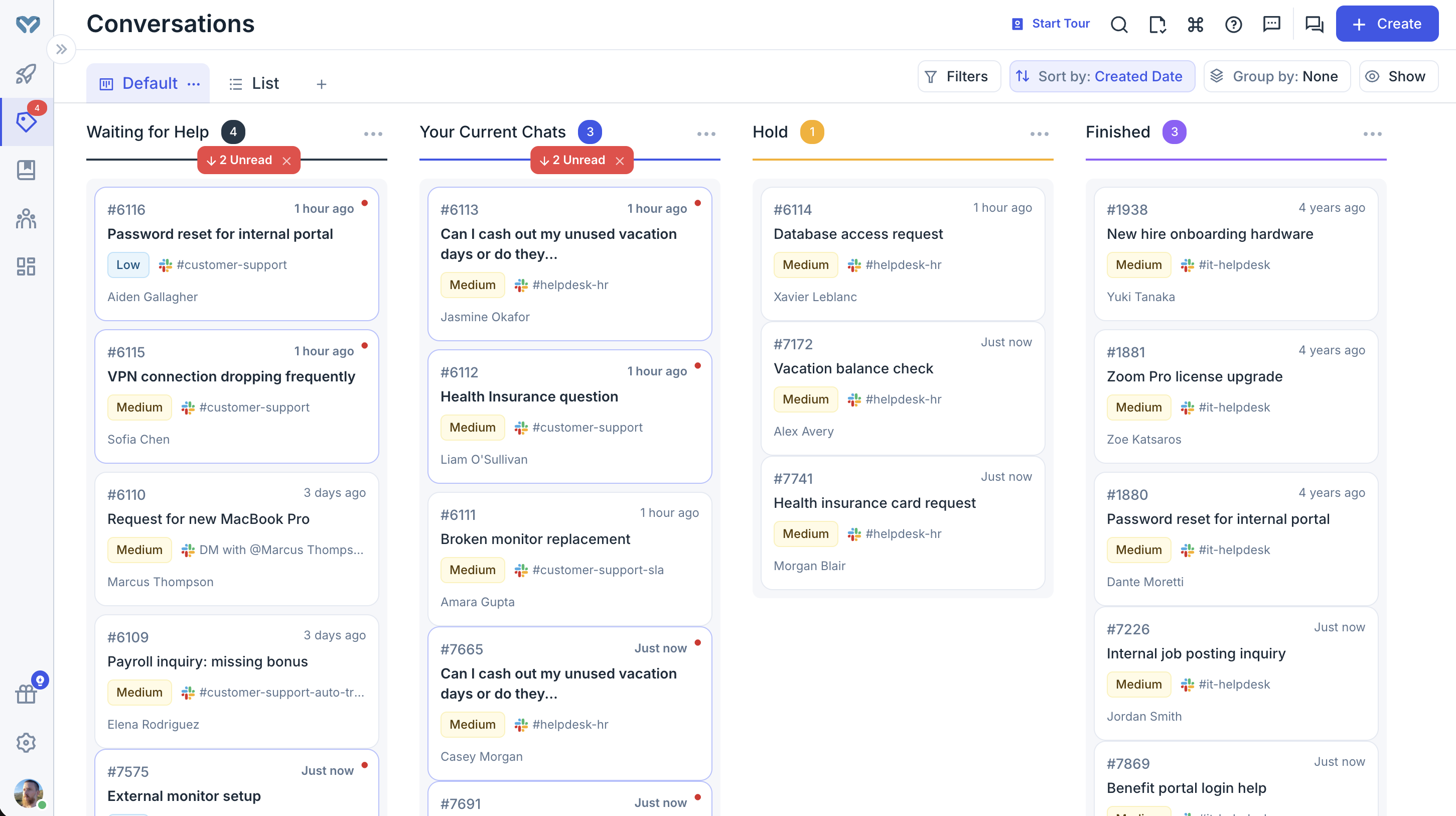 Foqal Conversations Kanban board view showing requests organized in Waiting for Help, Your Current Chats, Hold, and Finished columns