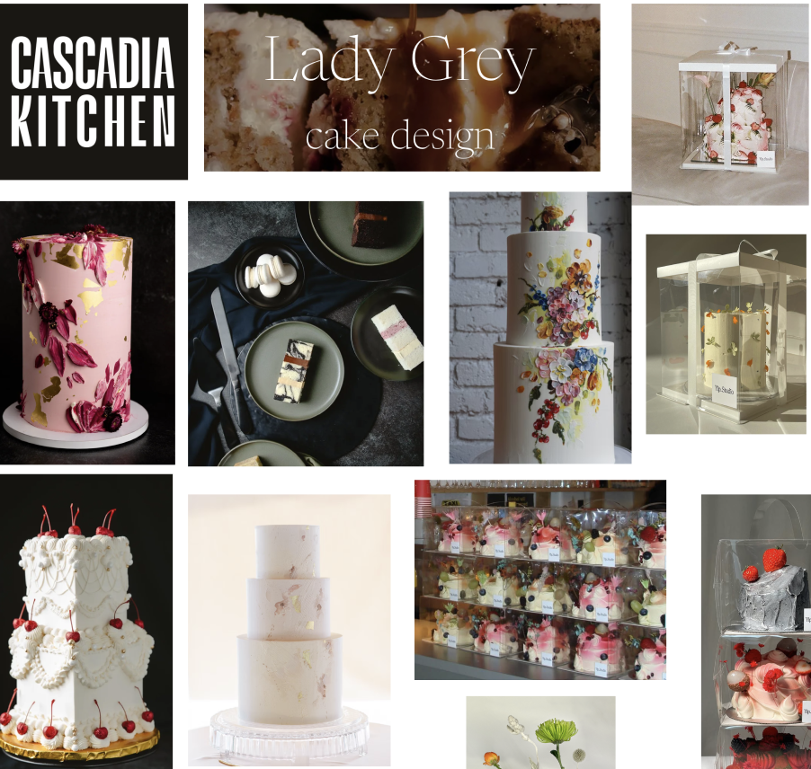 hey hôn inspiration board with cake designs and floral elements from Lady Grey and Cascadia Kitchen