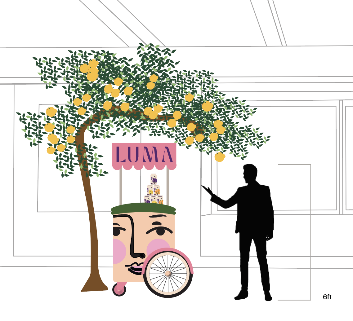 LUMA pop-up cart with face illustration under a lemon tree, environmental design with 6ft scale