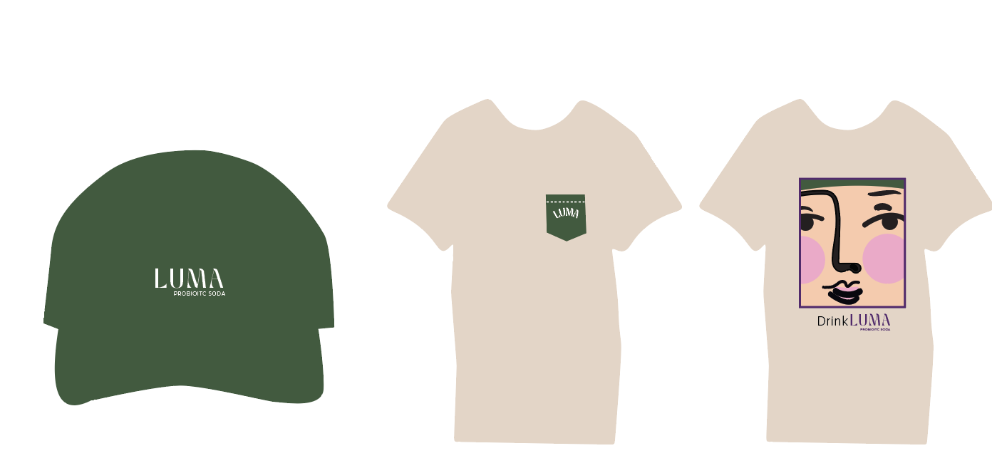 LUMA branded merch — green dad hat and cream t-shirts with Drink LUMA face graphic