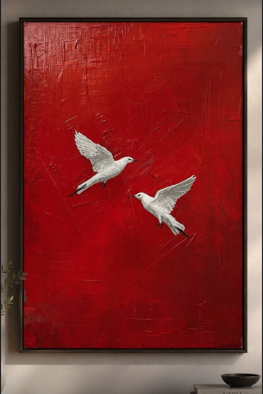 Two white birds in flight against a crimson textured canvas