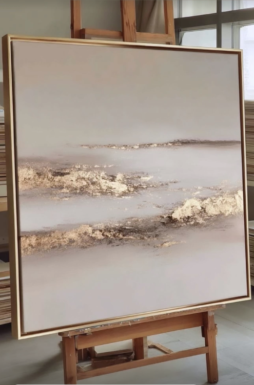 Warm beige abstract painting with gold leaf textures