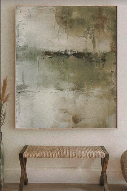 Large abstract painting in sage green and cream tones