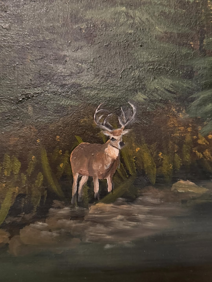 Realistic oil painting of a stag standing in a misty dark forest