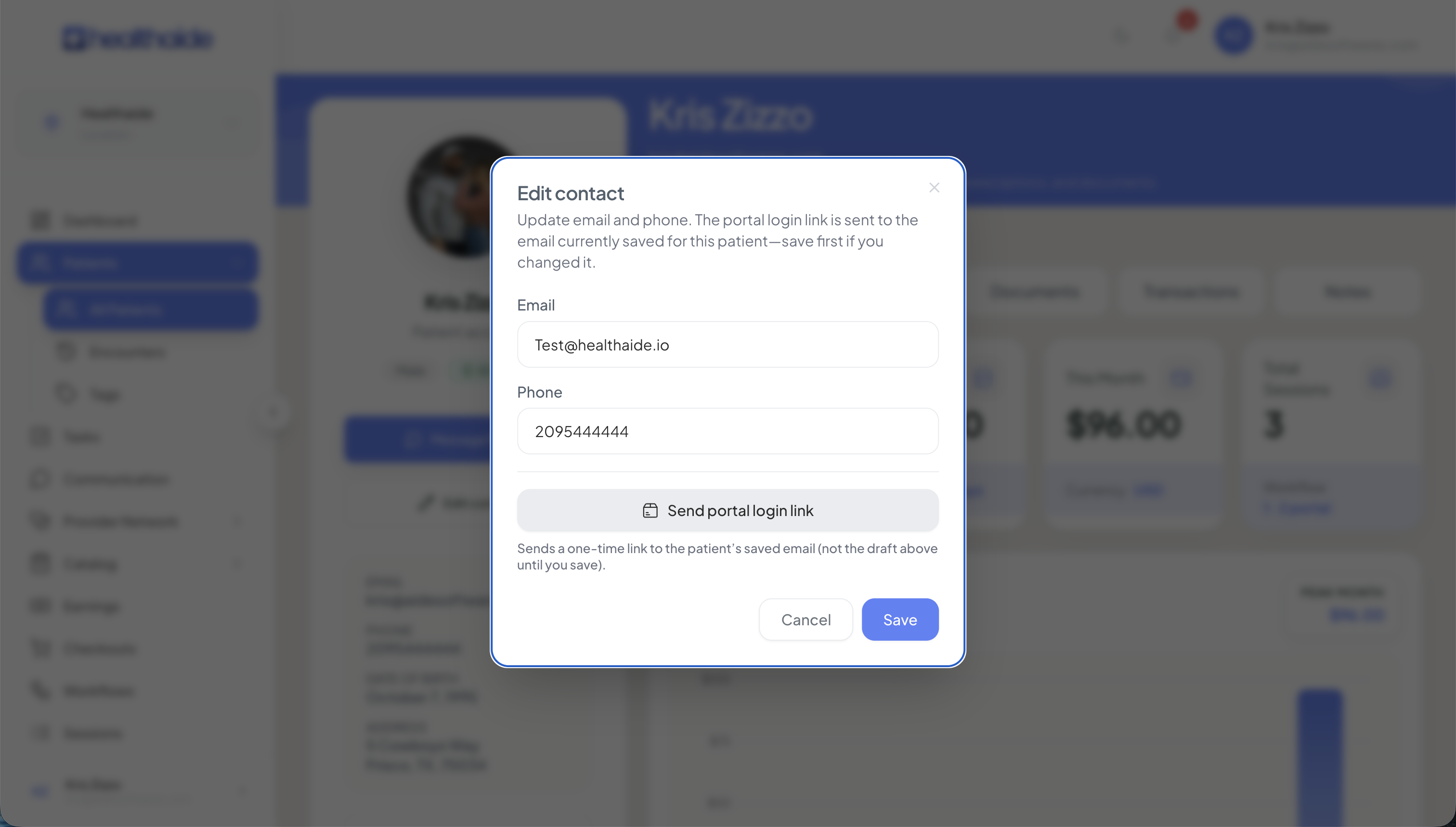 Edit contact modal showing Email and Phone fields with Send portal login link button — patient profile in background