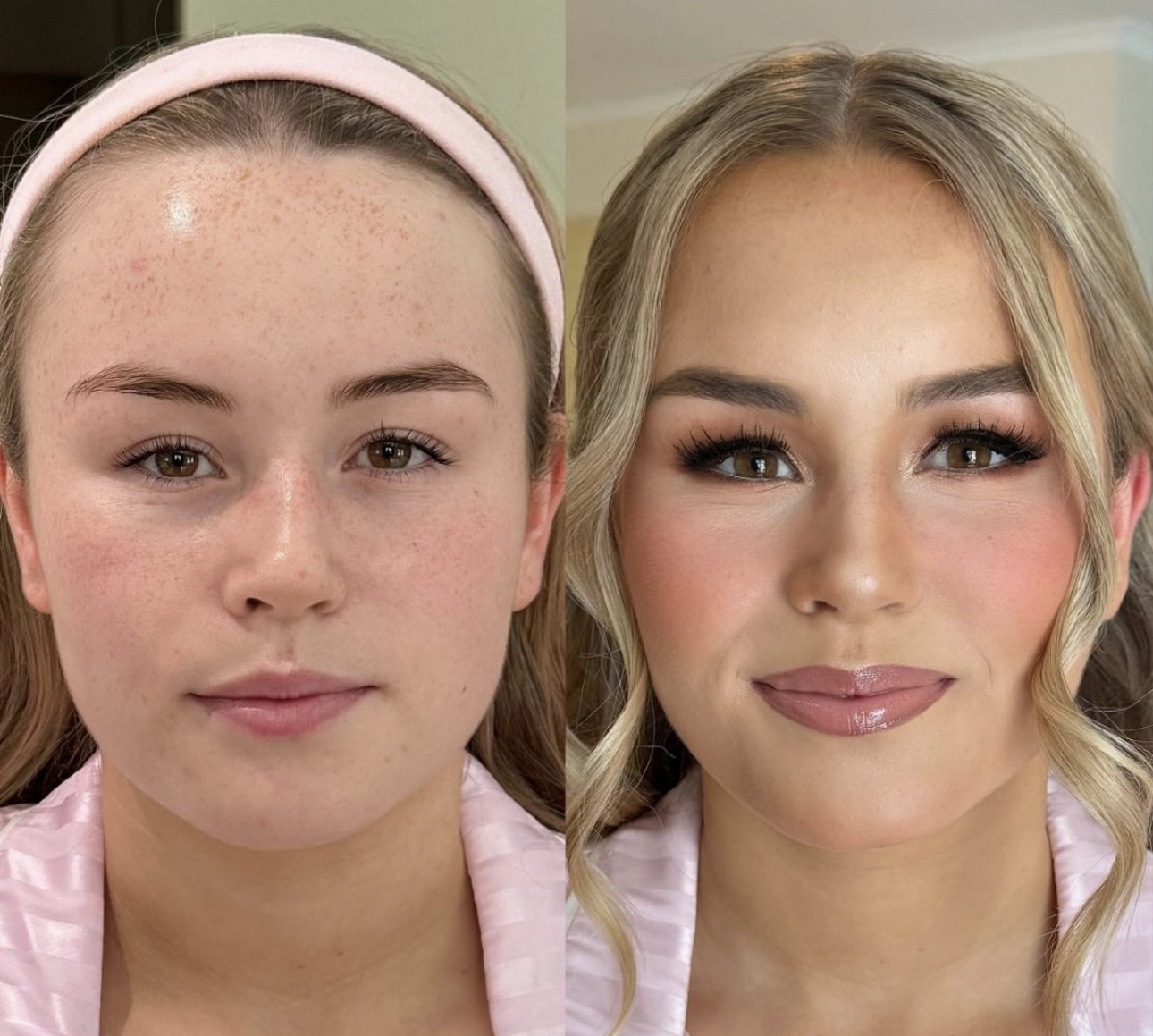 Before and after glam transformation with soft bronzed makeup and lashes