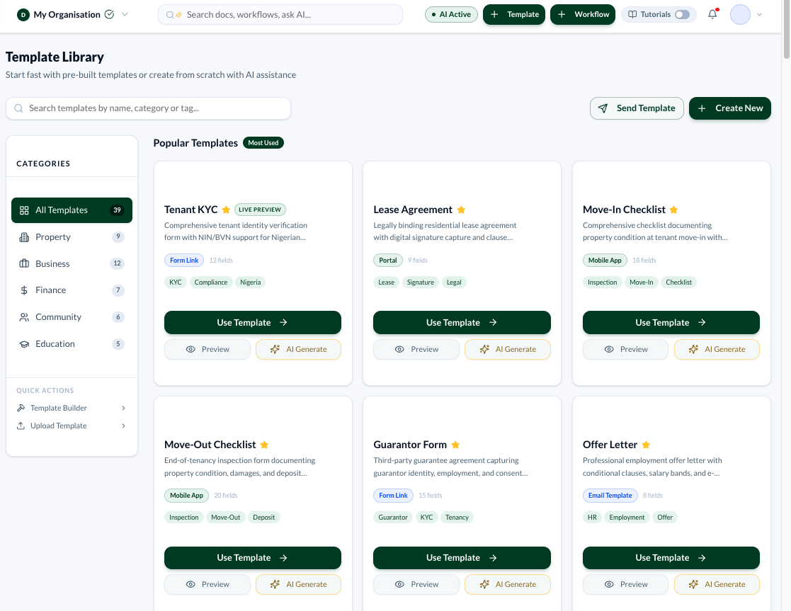 ACHI Template Library — pre-built templates including Tenant KYC, Lease Agreement, Move-In Checklist and more