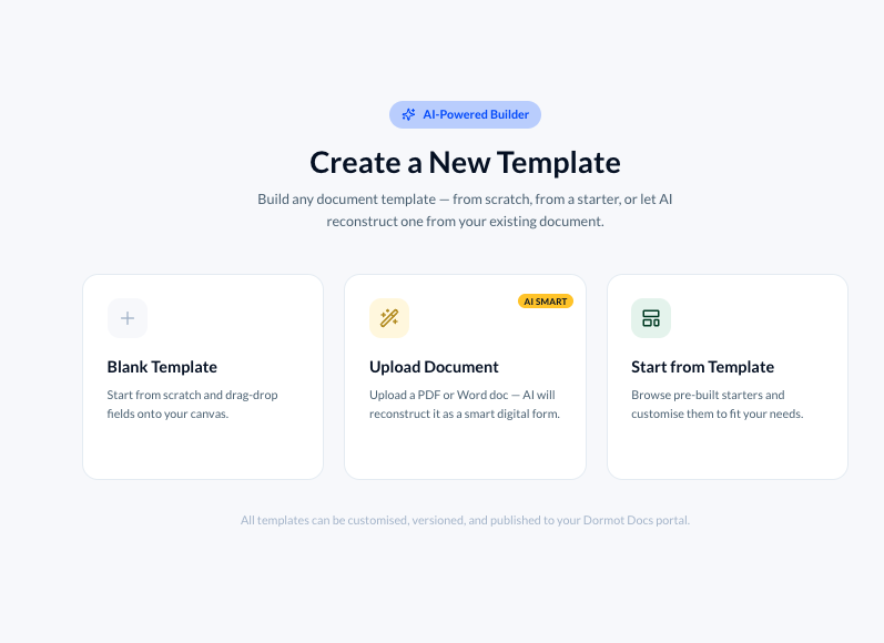 ACHI Template Builder — AI-powered form creation with blank template, upload document, and start from template options