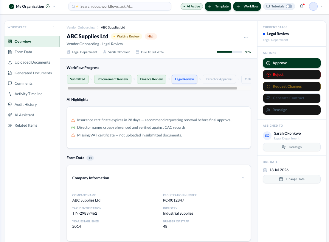 ACHI Dynamic Workspace — ABC Supplies Ltd vendor onboarding with workflow progress, AI highlights and action panel