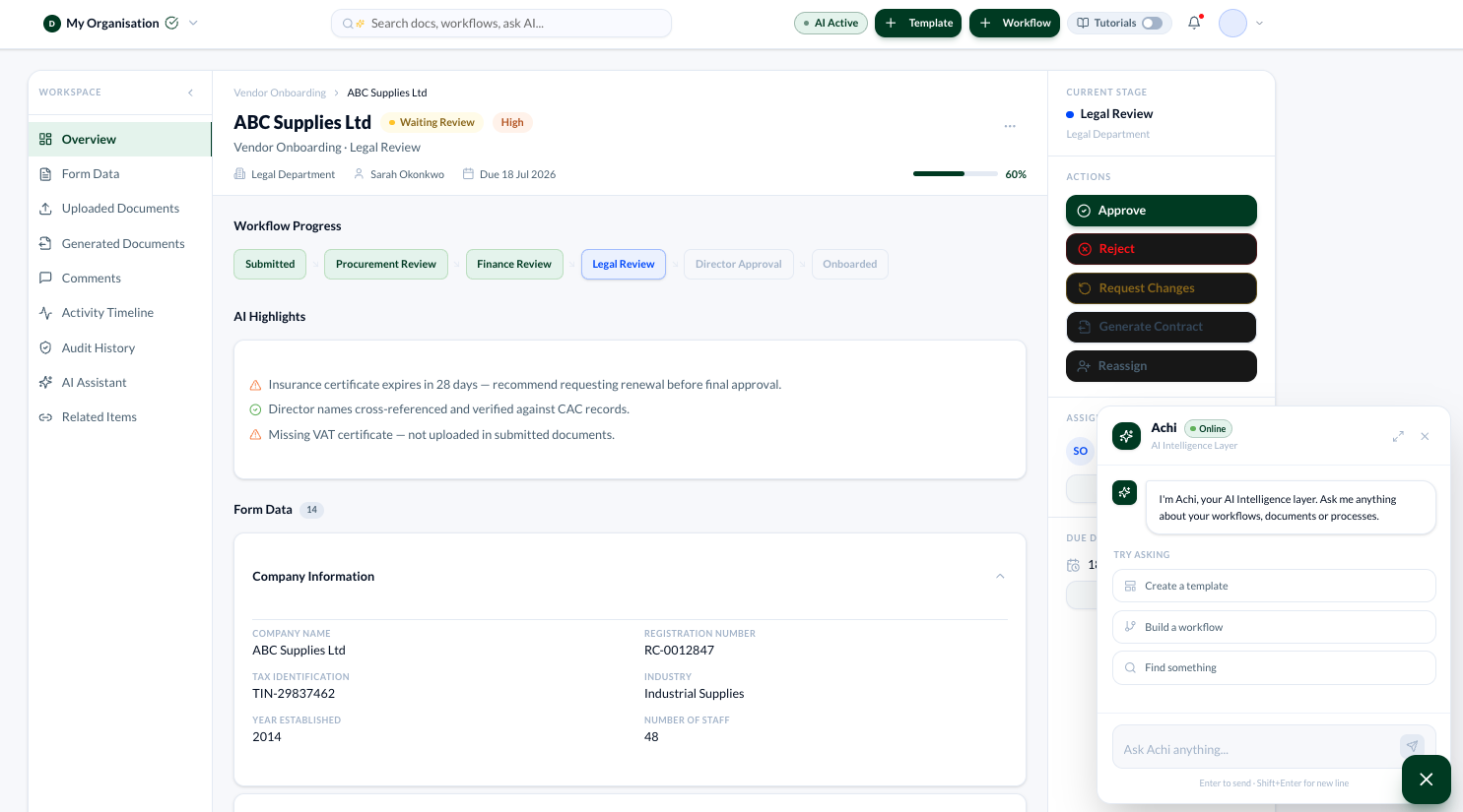 ACHI vendor onboarding workspace with Achi AI widget — showing ABC Supplies Ltd workflow progress, AI highlights, and Achi floating assistant