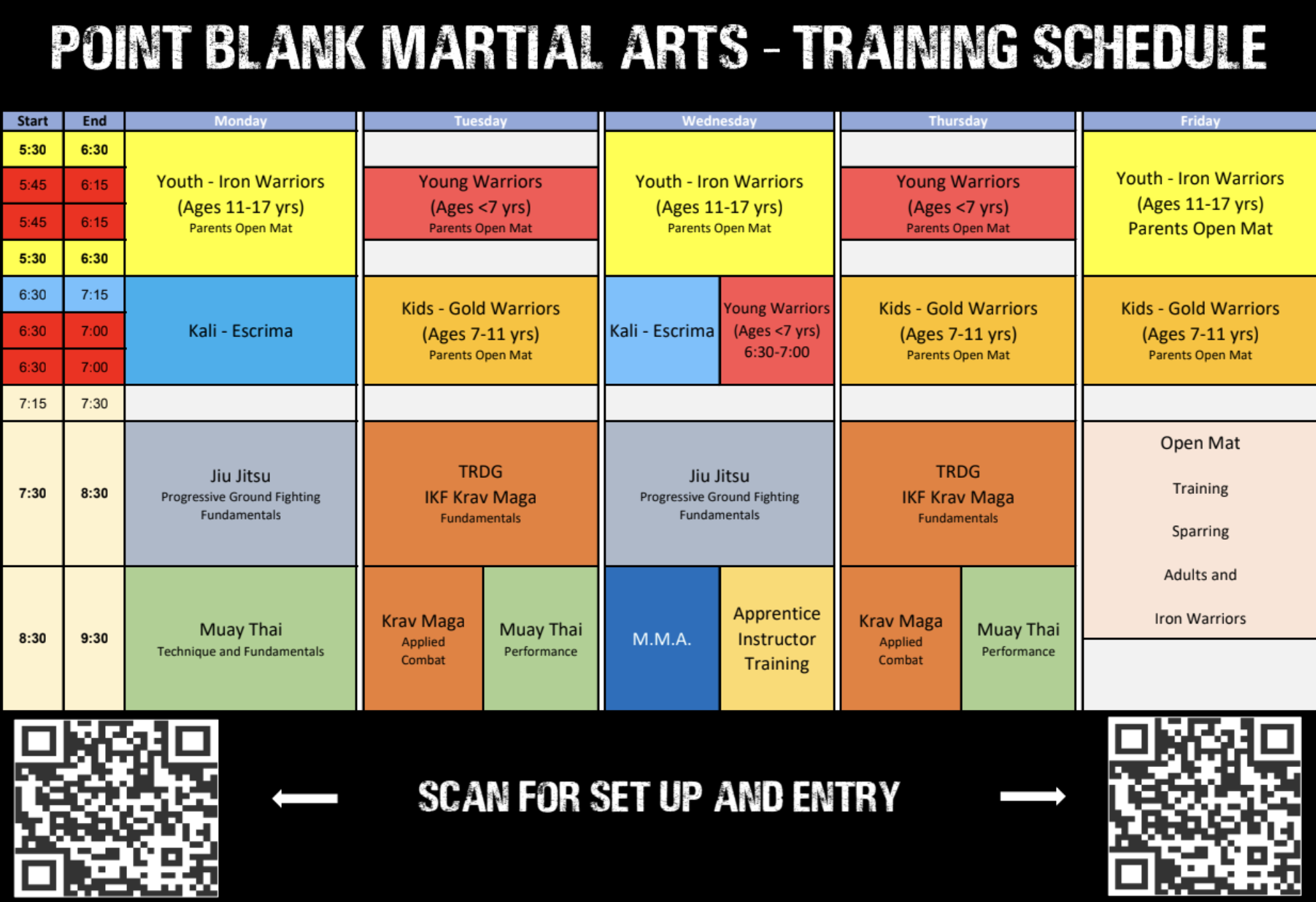 Point Blank Martial Arts weekly training schedule, Monday through Friday