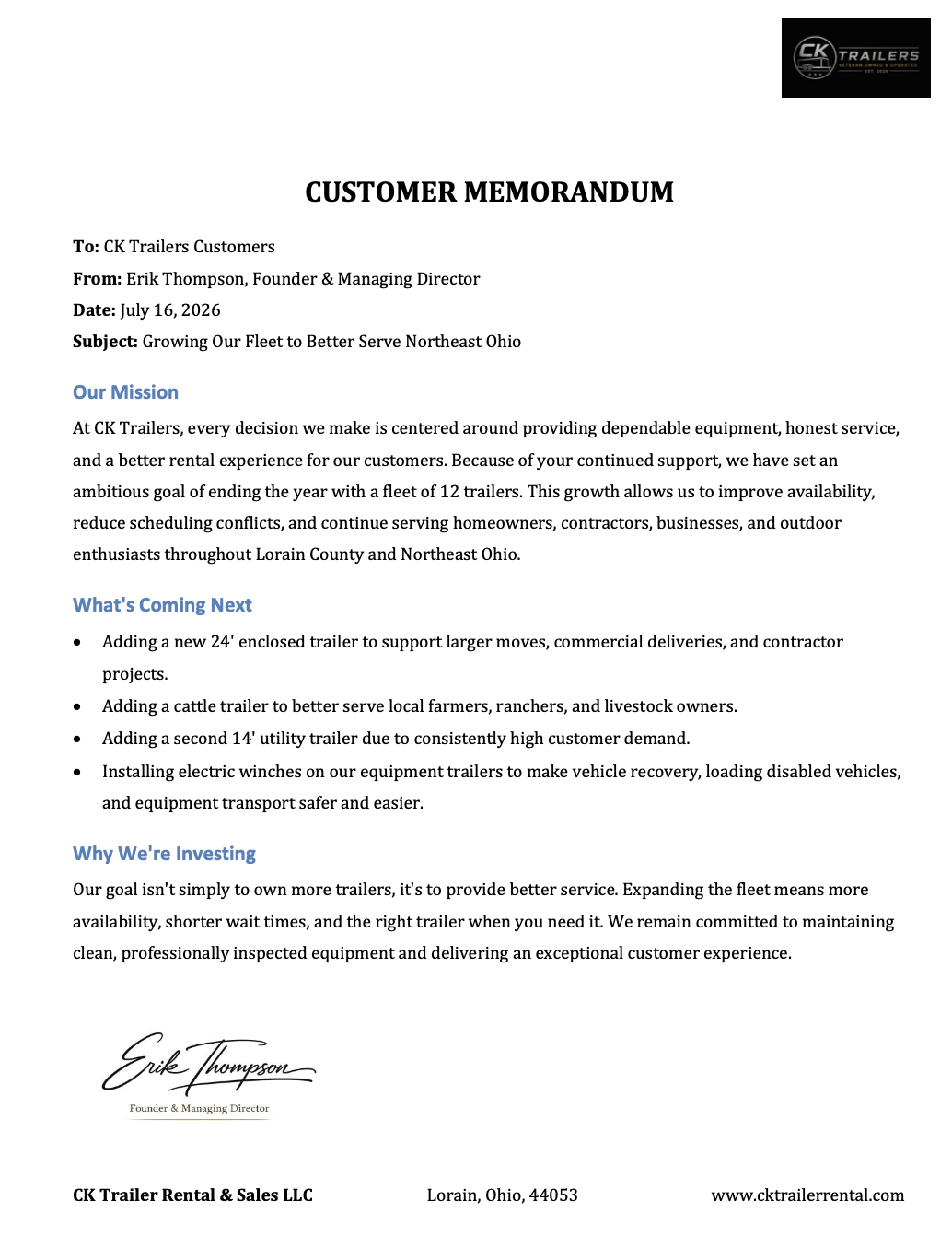CK Trailers Customer Memorandum dated July 16, 2026 from Erik Thompson, Founder and Managing Director, outlining the fleet expansion goal of 12 trailers to better serve Northeast Ohio