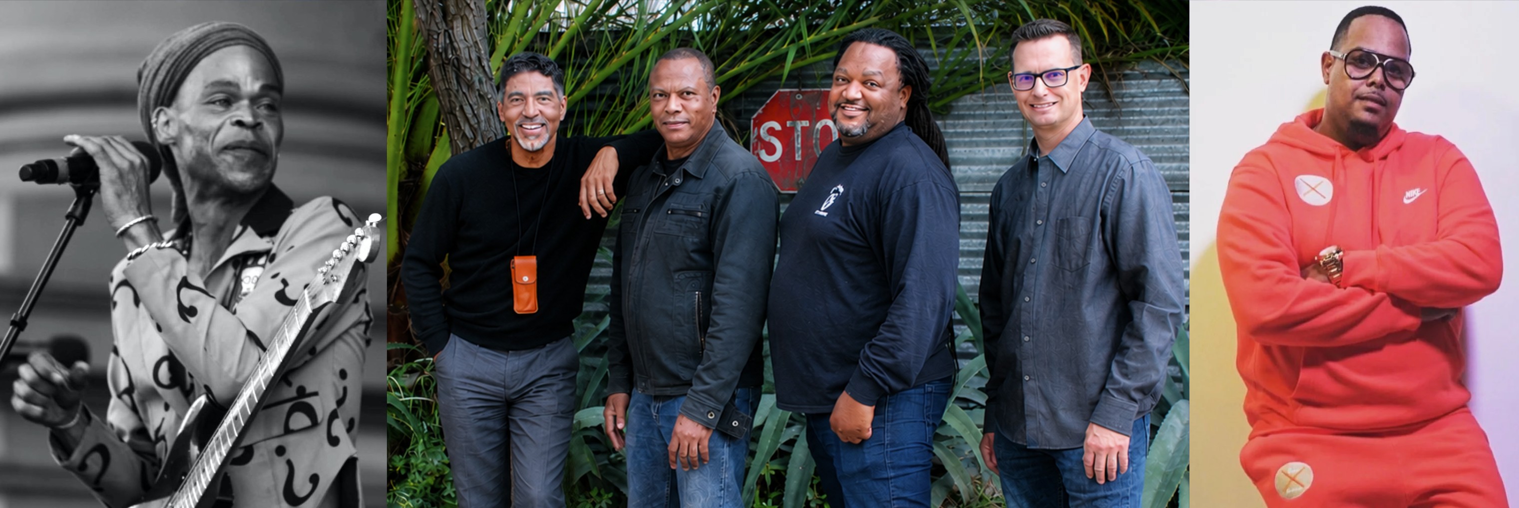 Alchemy Band — panoramic triptych: guitarist performing in black & white on left, four members outdoors in center, orange-hoodie member on right