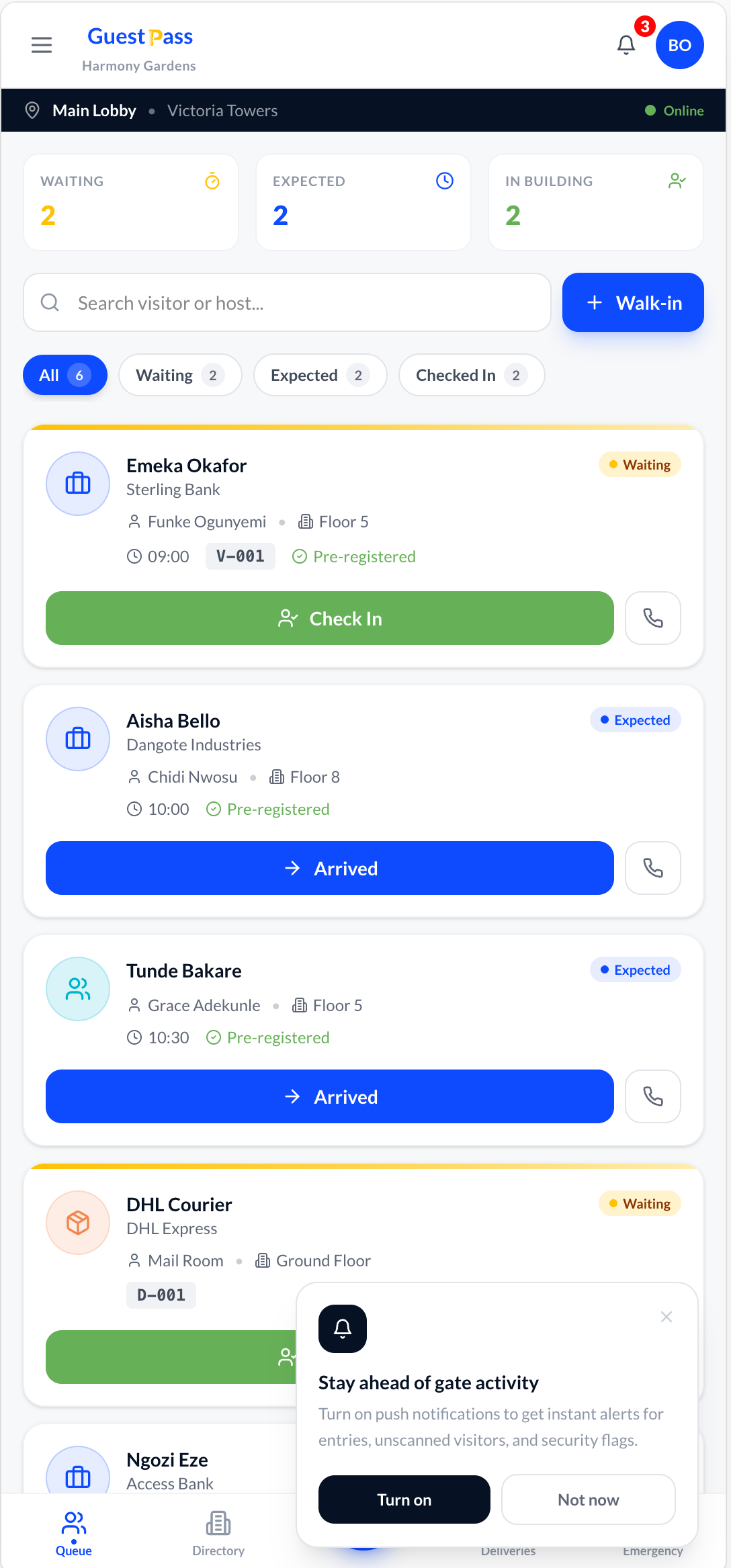 GuestPass receptionist queue view showing waiting, expected, and checked-in visitors