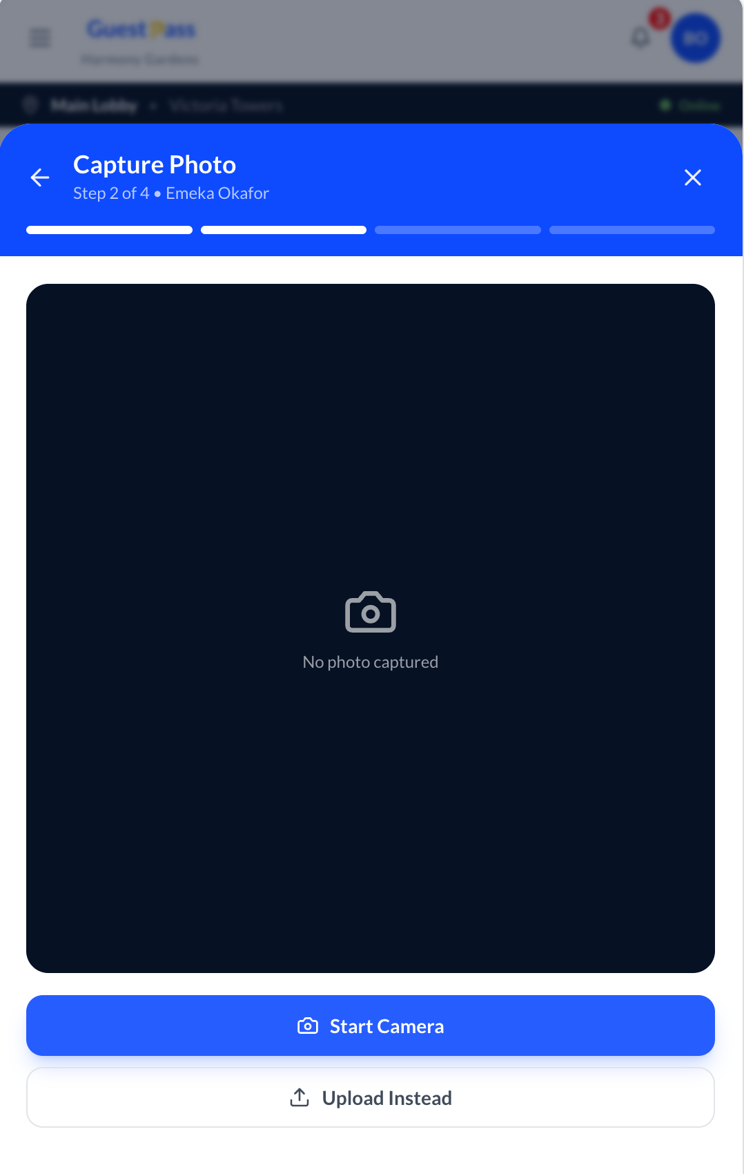 GuestPass walk-in check-in flow with photo capture