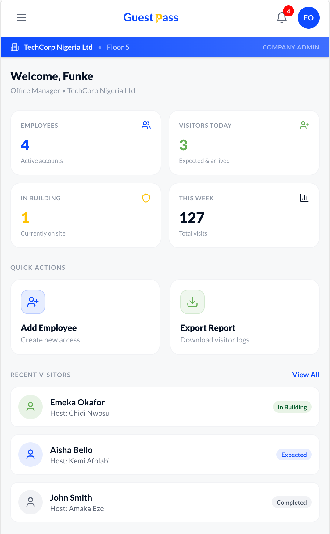 GuestPass company admin dashboard with employee and visitor stats