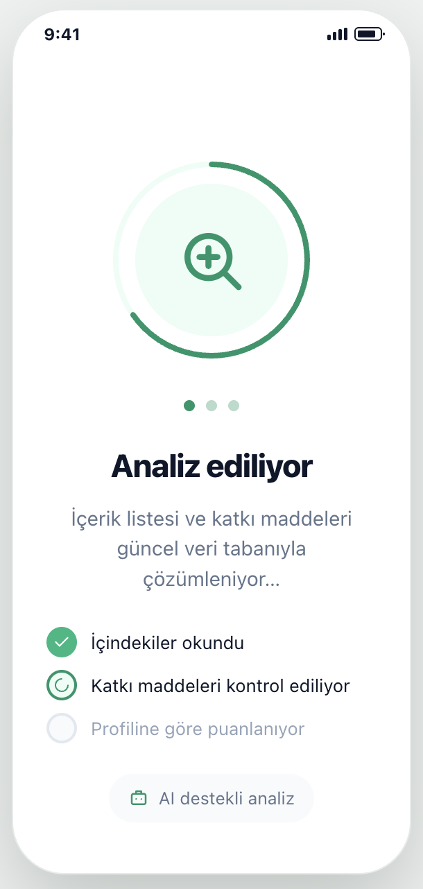 Analiz ediliyor ekranı; içindekiler okunuyor, katkı maddeleri kontrol ediliyor