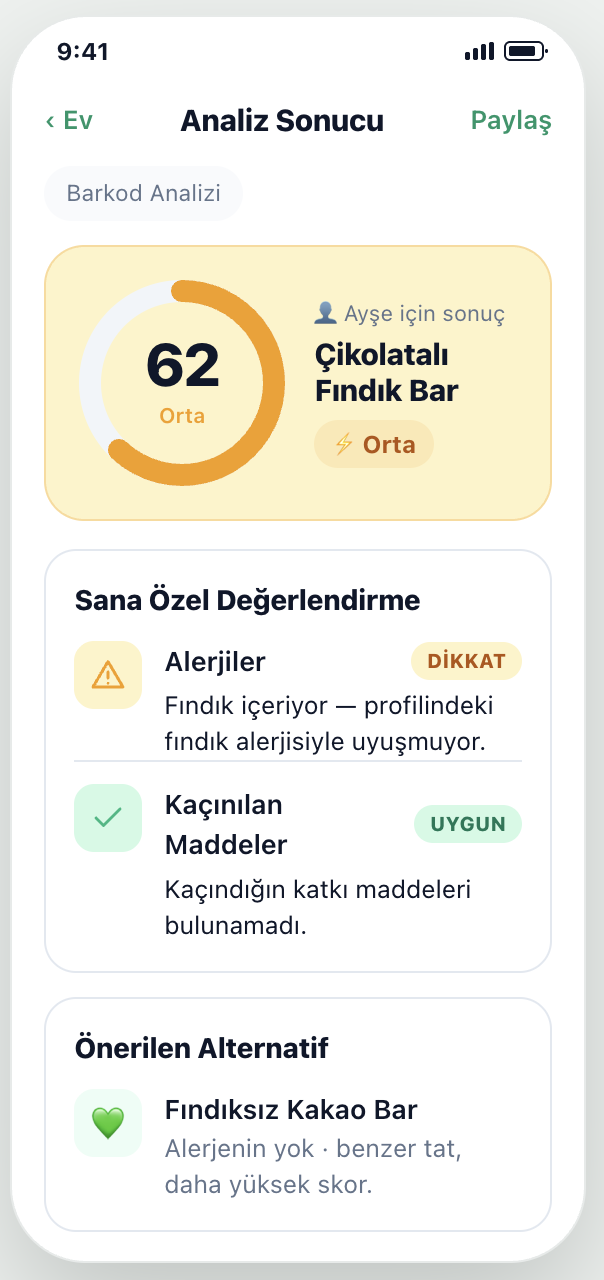 Analiz sonucu ekranı; kişisel skor, alerji uyarısı ve önerilen alternatif