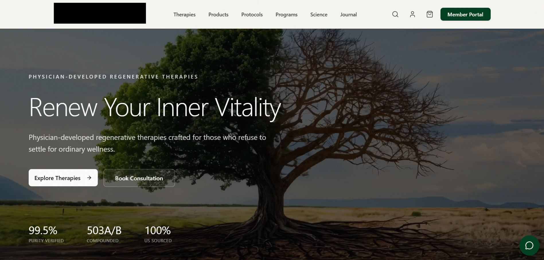 Longevity wellness platform homepage — Renew Your Inner Vitality with physician-developed therapies