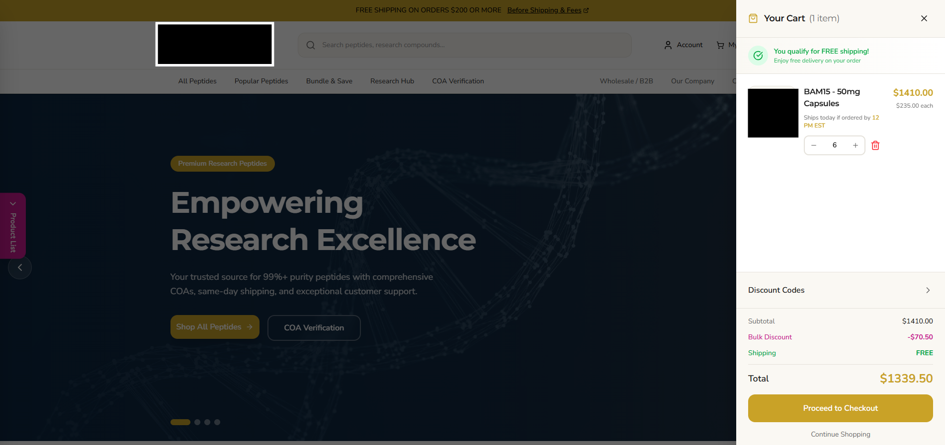 Peptide research storefront showing 'Empowering Research Excellence' with product catalog and cart