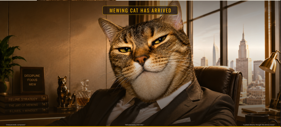 Mewing Cat in executive office wearing suit with NYC skyline