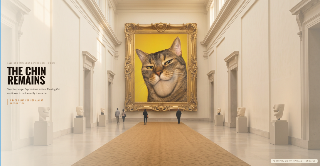 The Chin Remains — museum gallery with giant Mewing Cat portrait in gold frame