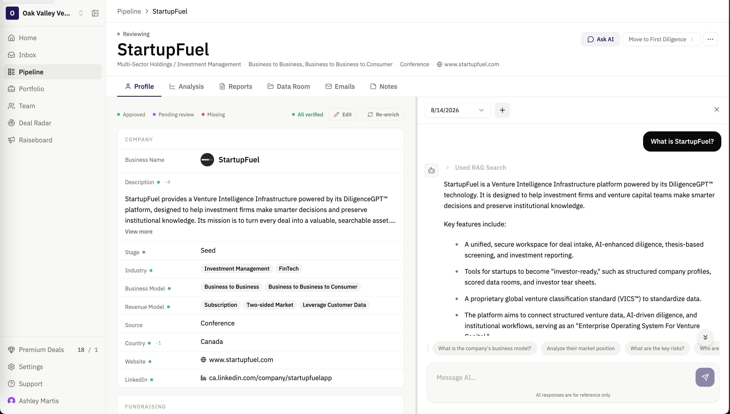 DiligenceGPT StartupFuel profile with enriched company data and an AI-generated diligence response