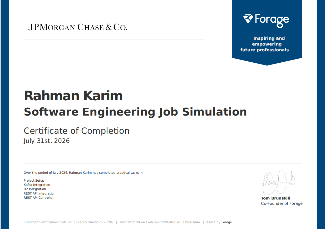 JPMorganChase — Software Engineering Job Simulation certificate