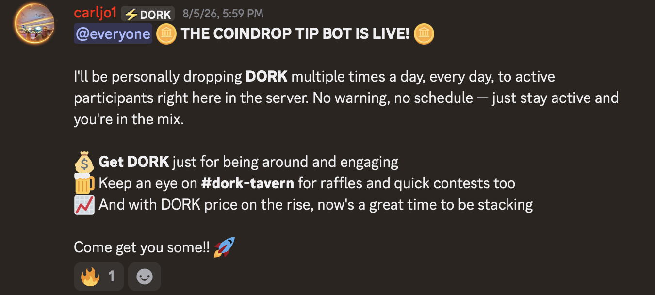Dorkcoin announcement showing CoinDrop tip bot launch and daily DORK drops