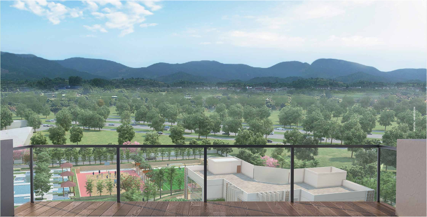 ALTURA balcony view across Aravalli greenery and sports courts