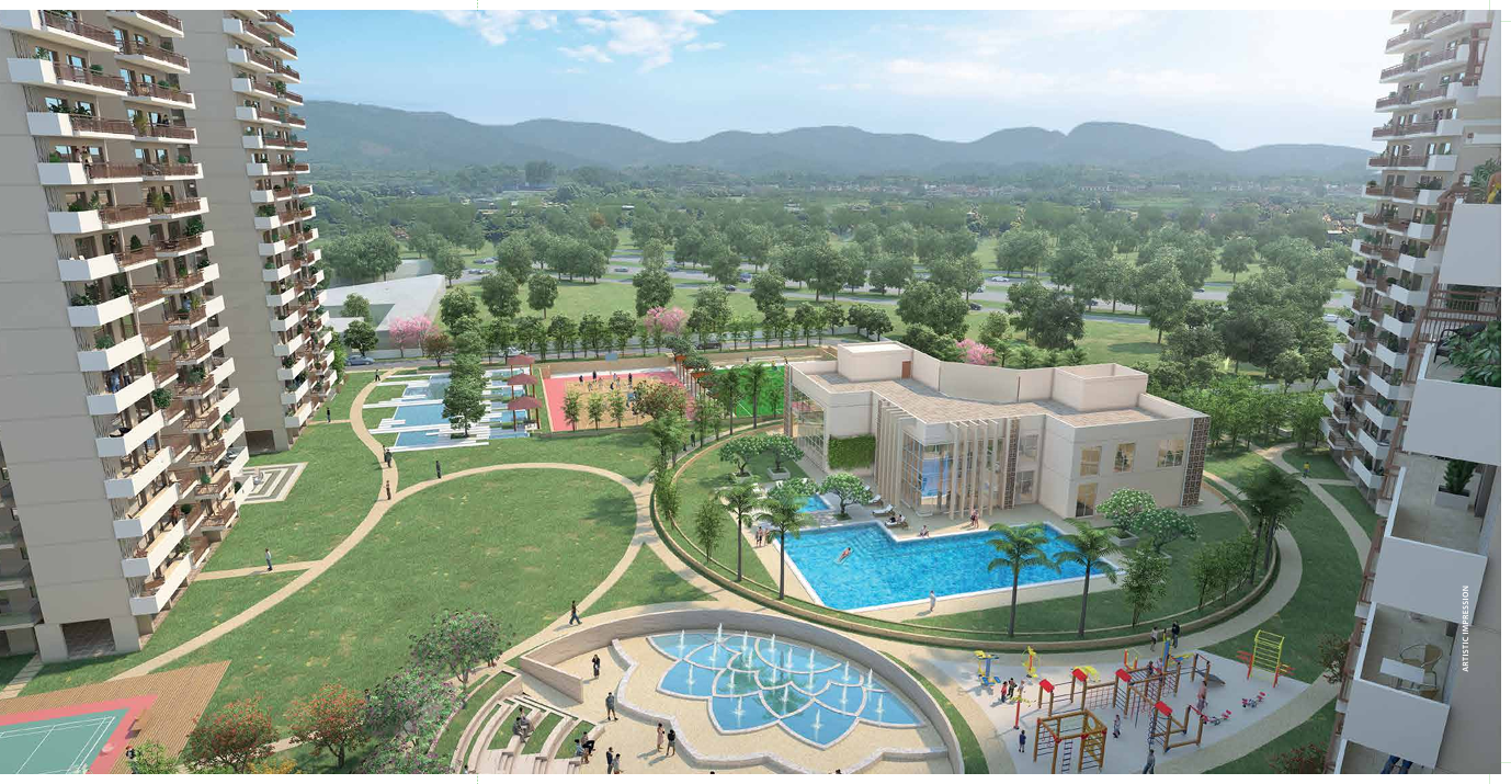 SmartWorld Nature Court aerial view with pool, gardens, and play area