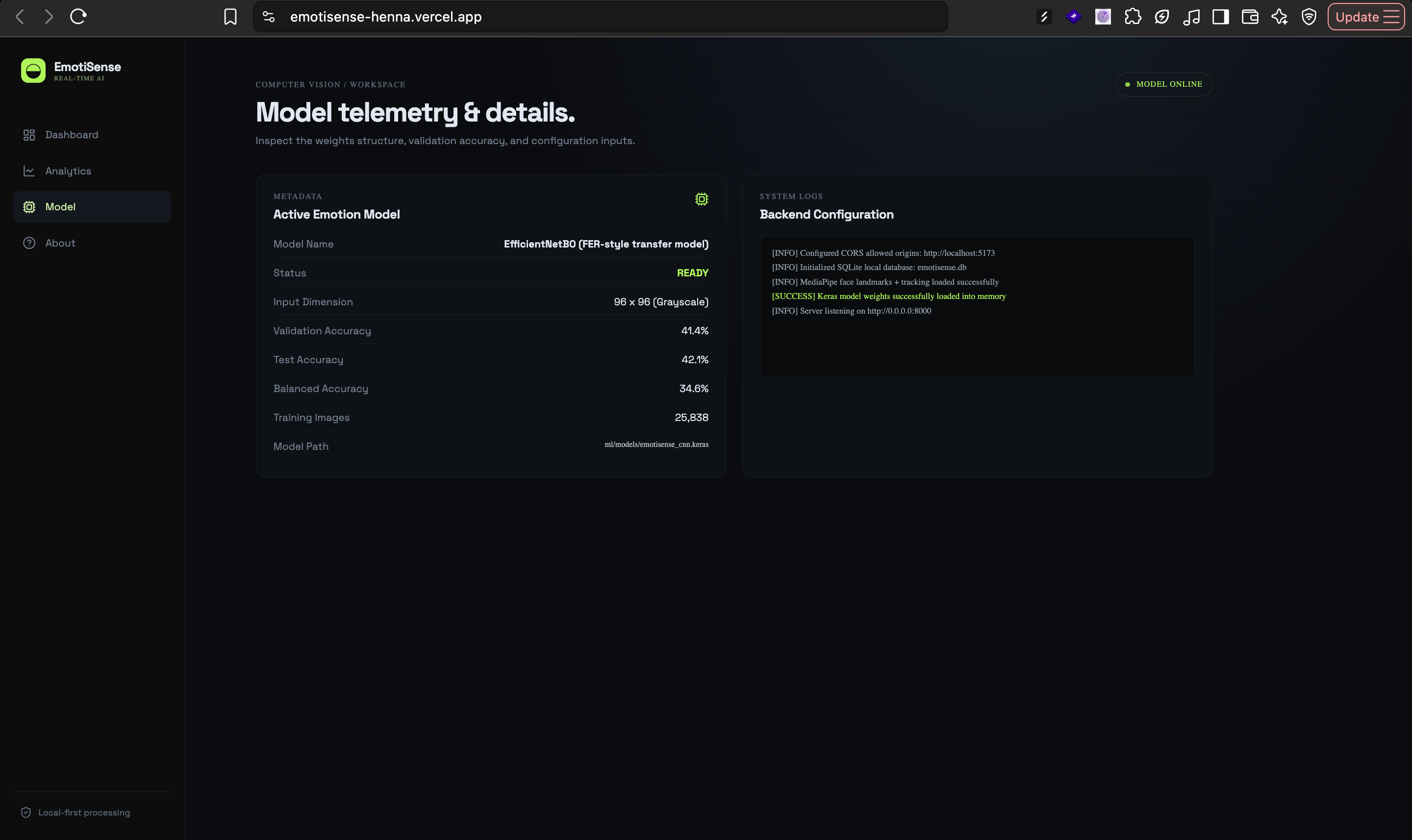 EmotiSense model telemetry dashboard