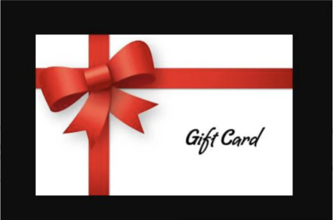 White gift card with a red ribbon and bow
