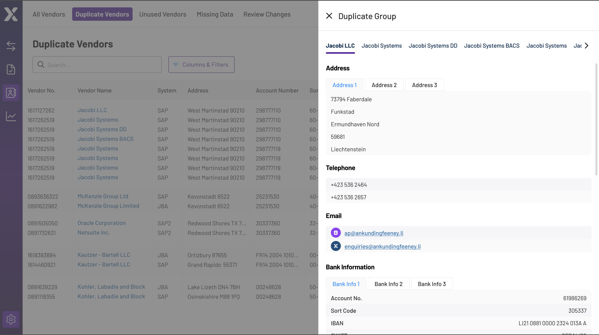 Duplicate Vendors table with the Duplicate Group drawer open, showing tabbed vendor records and address, telephone, email and bank information