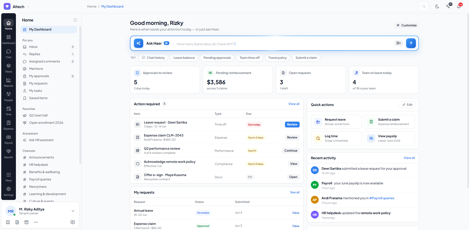 HR SaaS employee dashboard with approvals and quick actions