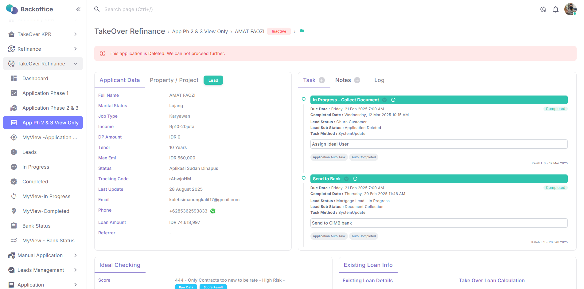 KPR backoffice application details and task timeline