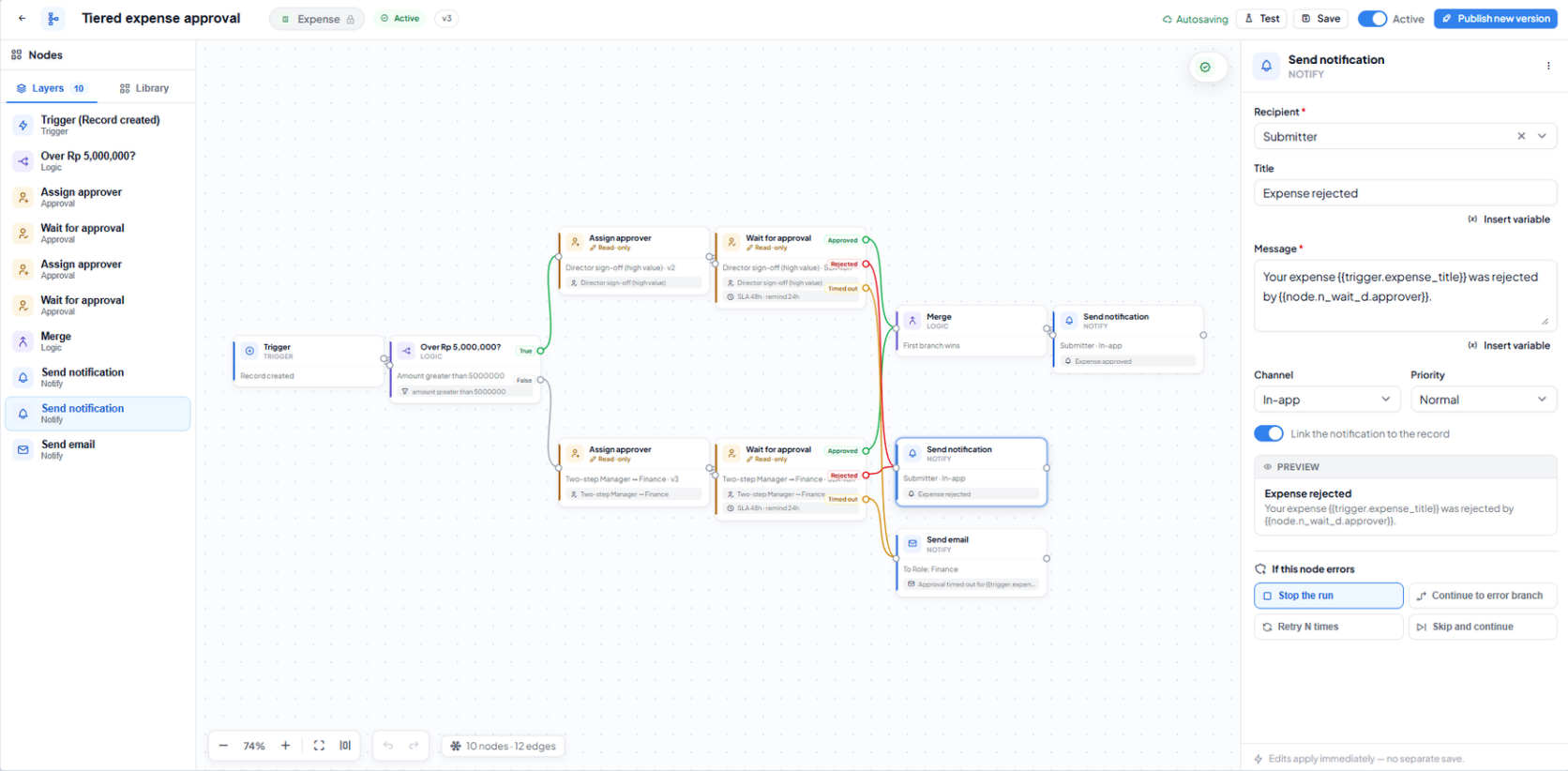 Workflow builder for HR expense approval notifications