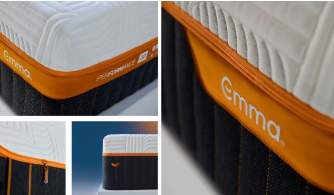 Close-up details of Emma mattress fabric and orange edge trim