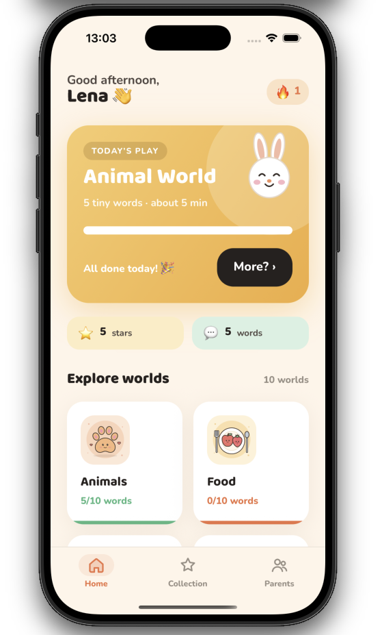 TinyTalks home screen with daily word games
