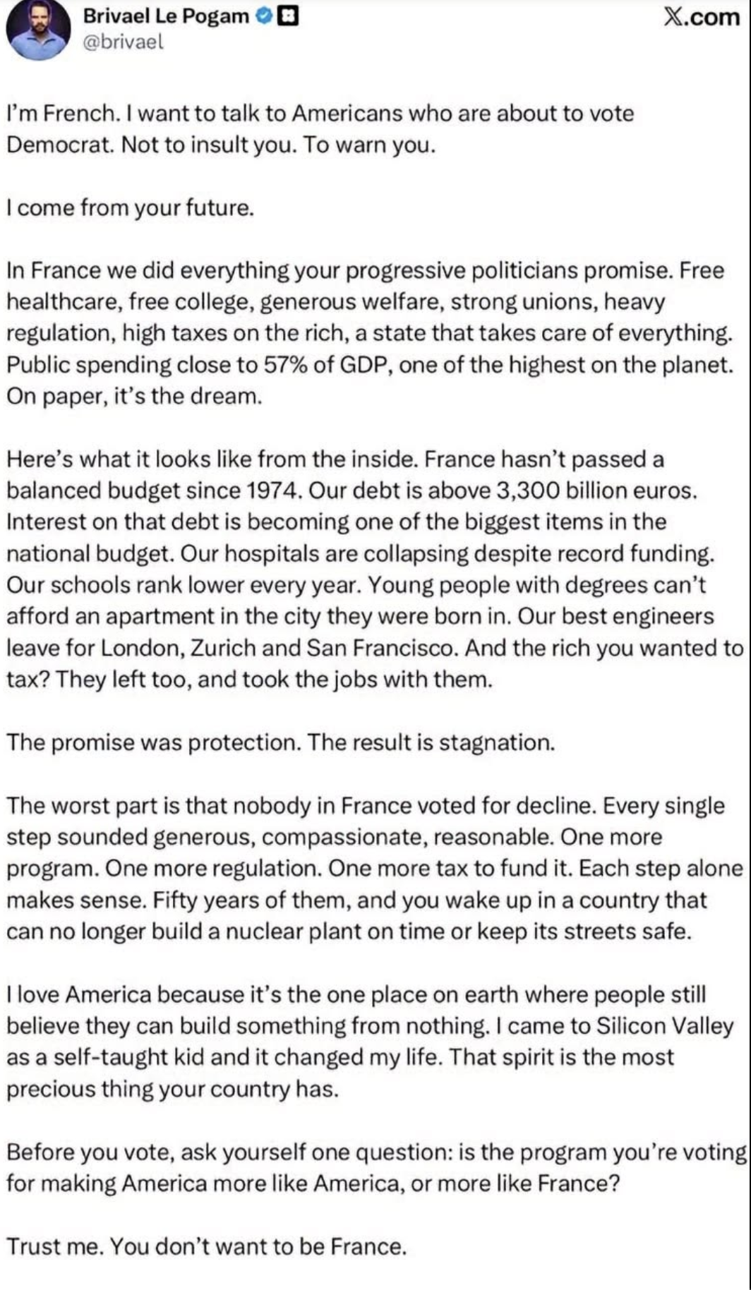 A post by Brivael Le Pogam warning Americans about the consequences of France-style government