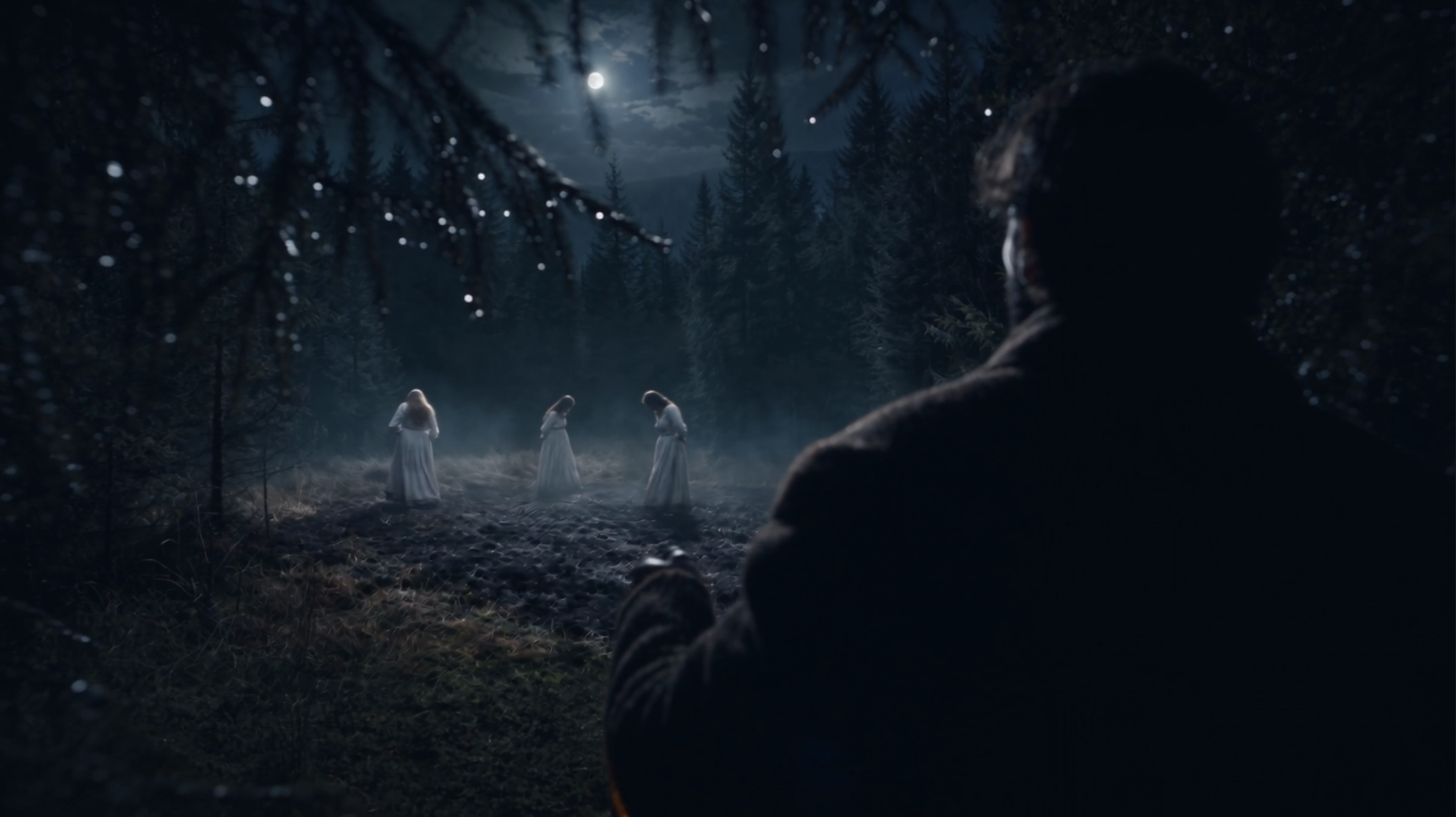 A moonlit forest clearing with three figures in white and a man watching from the foreground
