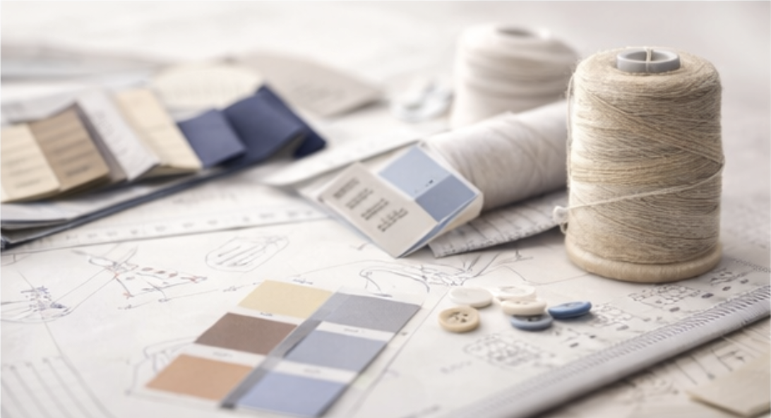 Fabric swatches, thread, buttons, and textile sketches arranged on a worktable