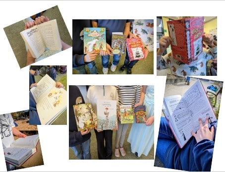 Collage Woche 1: Kinder halten ihre Lieblingsbücher in die Kamera